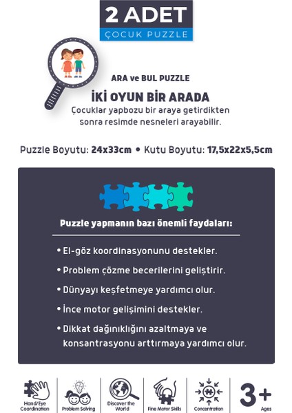 2 Adet 50 Parça Ara ve Bul Puzzle - Sihirli Unıcorn ve Çiftlik Arkadaşları