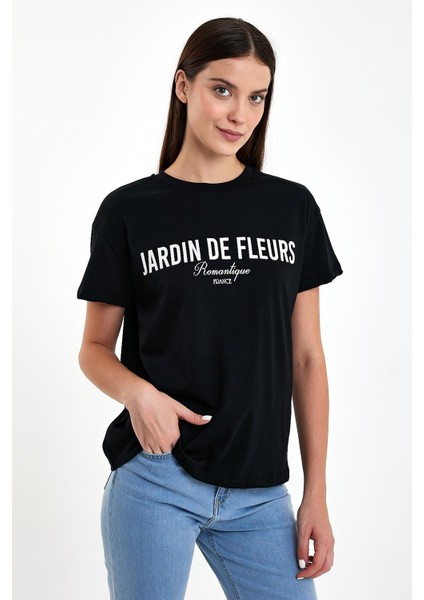 Kadın Jardin Siyah Baskılı Bisiklet Yaka Tişört
