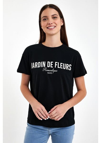 Kadın Jardin Siyah Baskılı Bisiklet Yaka Tişört fiyatları