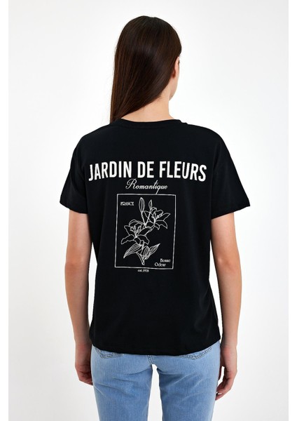 Kadın Jardin Siyah Baskılı Bisiklet Yaka Tişört modelleri