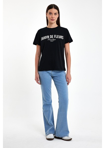 Kadın Jardin Siyah Baskılı Bisiklet Yaka Tişört fırsatları