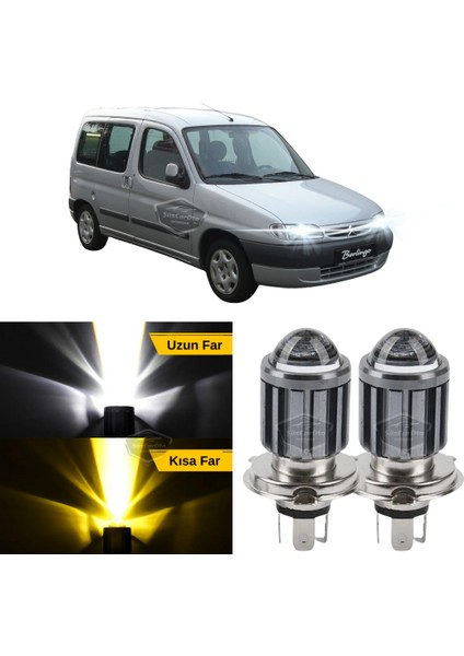 Citroen Berlingo Mk1 1996-2008 Uyumlu Mercekli Far Ampulü LED Xenon Çift Renk Sarı-Beyaz Far Şimşek Etkili Csp LED Lamba Uzun Kısa 2 Adet Takım