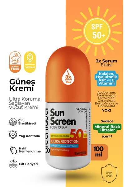 Greenlabel Vücut Güneş Kremi Kolajen, Hyalüronik Asit ve Vitamin E İçeren 50 Spf Korumalı Sun Screen 100 ml