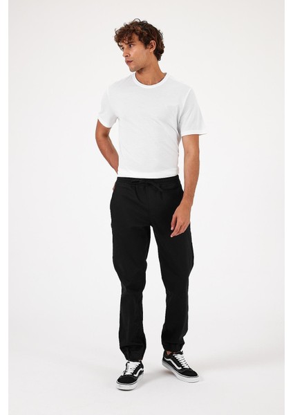 Erkek Simon Siyah Slim Fit Gabardin Jogger Pantolon