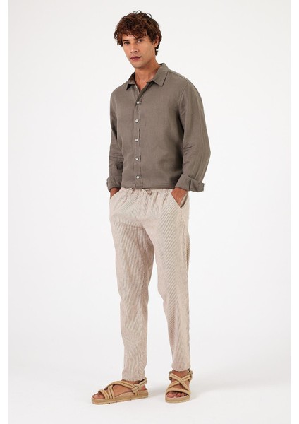 Erkek Alfred Beli Lastikli Kahve Çizgili Keten Pantolon fiyatları