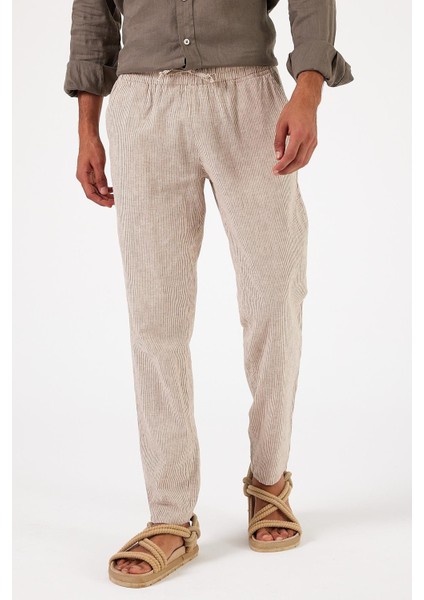 Erkek Alfred Beli Lastikli Kahve Çizgili Keten Pantolon modelleri