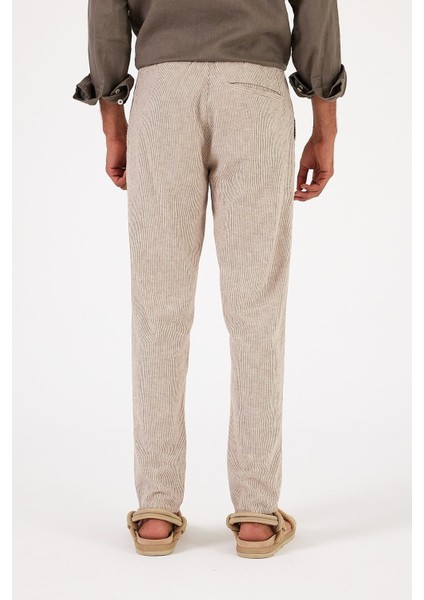 Erkek Alfred Beli Lastikli Kahve Çizgili Keten Pantolon fırsatları