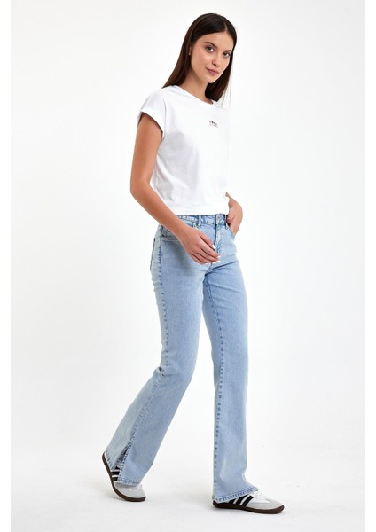 Kadın Emilie Paçası Yırtmaçlı Sky Blue Bootcut Jean Pantolon