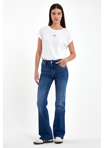 Kadın Emilie Dirty Med Blue Bootcut Jean Pantolon