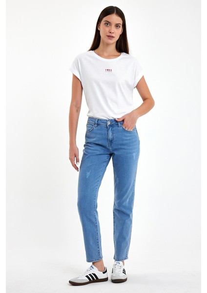 Kadın Petra Dirty Med Blue Boyfriend Jean Pantolon fiyatları