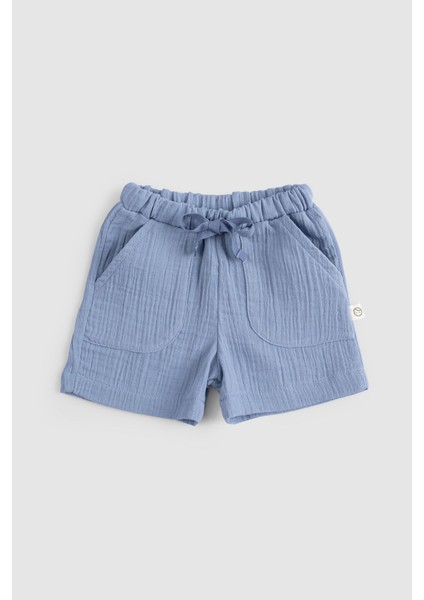 Organik Pamuk Müslin Bebek Şortu Mavi Erkek Çocuk İçin Nefes Alabilir Tasarım