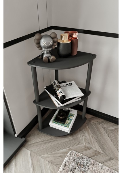 Libra Siyah Köşe Kitaplık Çok Amaçlı 3 Raflı Sehpa