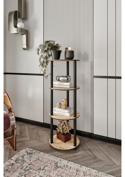 Libra Meşe Kahverengi Kitaplık Çok Amaçlı Yuvarlak 4 Raflı Sehpa