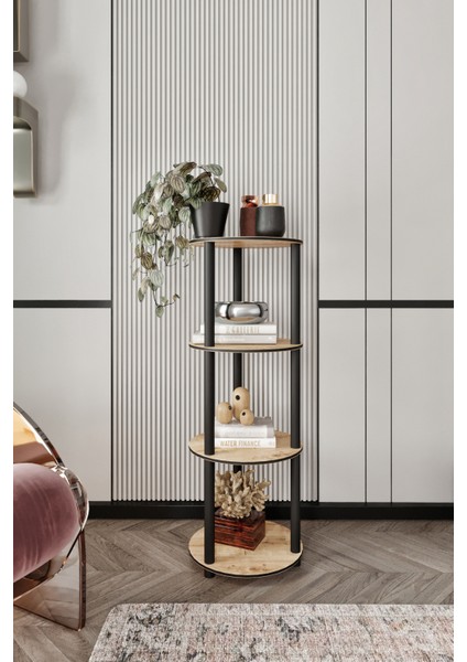 Libra Meşe Kahverengi Kitaplık Çok Amaçlı Yuvarlak 4 Raflı Sehpa fiyatları