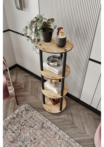 Libra Meşe Kahverengi Kitaplık Çok Amaçlı Yuvarlak 4 Raflı Sehpa modelleri