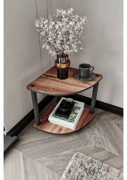 Libra Ceviz Kahverengi Köşe Kitaplık Çok Amaçlı Raflı Sehpa