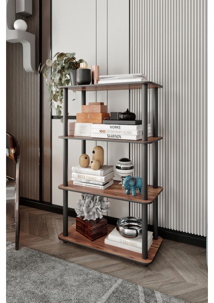 Libra Ceviz Kahverengi Kitaplık Çok Amaçlı 4 Raflı Dikdörtgen Sehpa