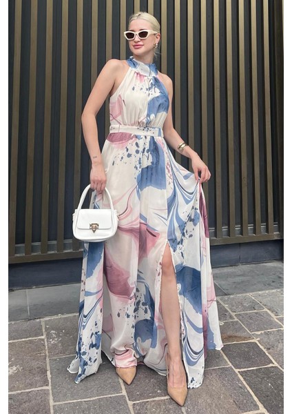 Pembe Halter Yaka Yırtmaç Detaylı Desenli Uzun Elbise Mg2162