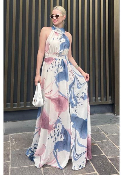 Pembe Halter Yaka Yırtmaç Detaylı Desenli Uzun Elbise Mg2162
