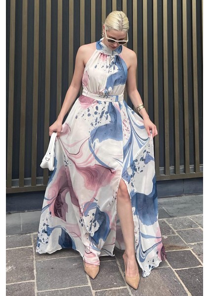 Pembe Halter Yaka Yırtmaç Detaylı Desenli Uzun Elbise Mg2162