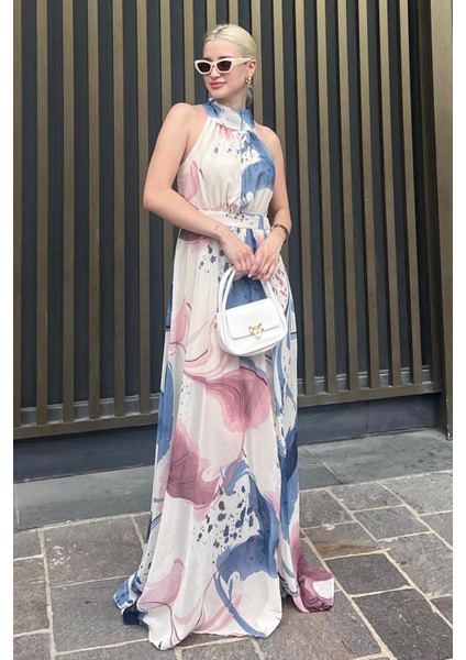 Pembe Halter Yaka Yırtmaç Detaylı Desenli Uzun Elbise Mg2162