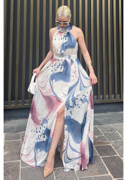 Pembe Halter Yaka Yırtmaç Detaylı Desenli Uzun Elbise Mg2162