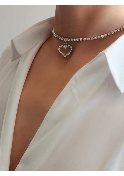 Kristal Taşlı Kalp Love Beyaz Gümüş Renkli Choker Kolye