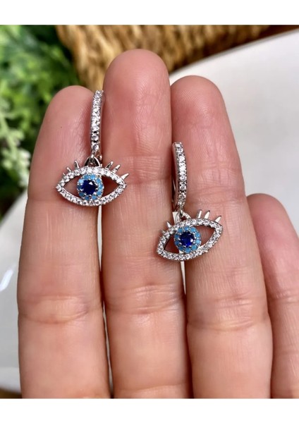 Gümüş / Silver Renk Zirkon Taşlı Nazar Göz Detaylı Sallantılı Küpe fiyatları