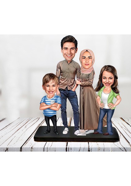 Kişiye Özel Ahşap Biblo - Tesettür Aile Karikatür Biblo - 4 Kişilik Aile Biblo