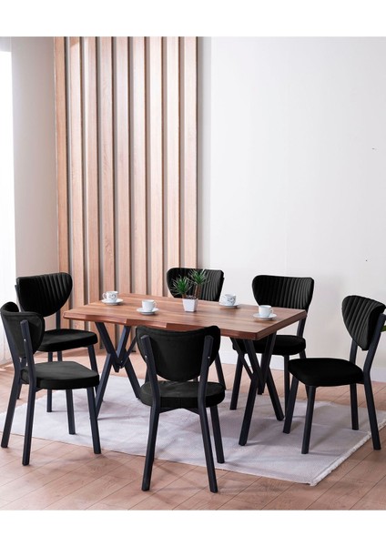 Kütük Desenli Mdf Elma Mutfak Masa Takımı 6 Sandalyeli Salon Yemek Masa Takımı Siyah
