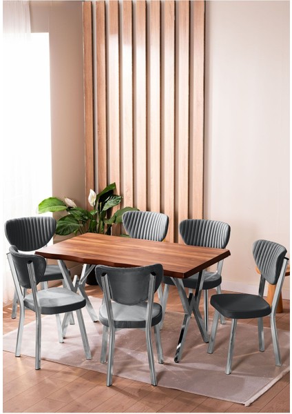 Kütük Desenli Mdf Krom Elma Mutfak Masa Takımı 6 Sandalyeli Salon Yemek Masa Takımı Gri