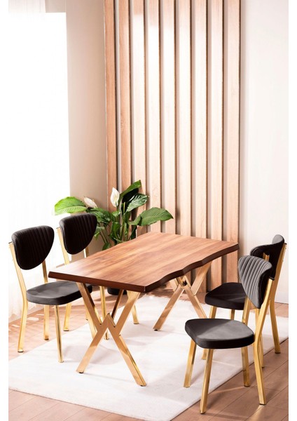 Kütük Desenli Mdf Gold Elma Mutfak Masa Takımı 4 Sandalyeli Salon Yemek Masa Takımı Kahve