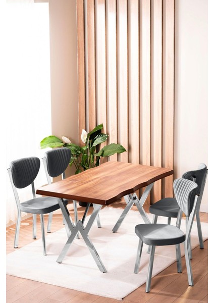 Kütük Desenli Mdf Krom Elma Mutfak Masa Takımı 4 Sandalyeli Salon Yemek Masa Takımı Gri