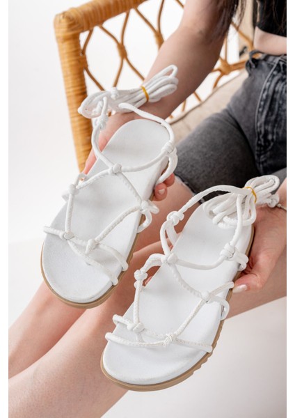 1001-1001 Beyaz Bilekten Bağcıklı Kadın Sandalet modelleri