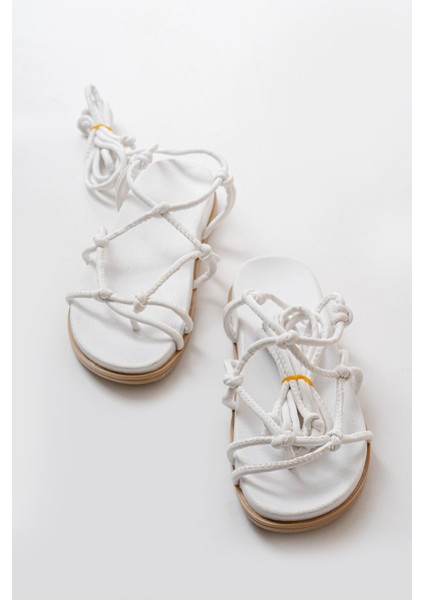 1001-1001 Beyaz Bilekten Bağcıklı Kadın Sandalet fırsatları
