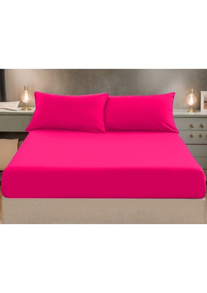 %100 Pamuklu Akfil Kumaştan Şeker Pembe Renkli Lastikli Çarşaf + Yastık Kılıflı