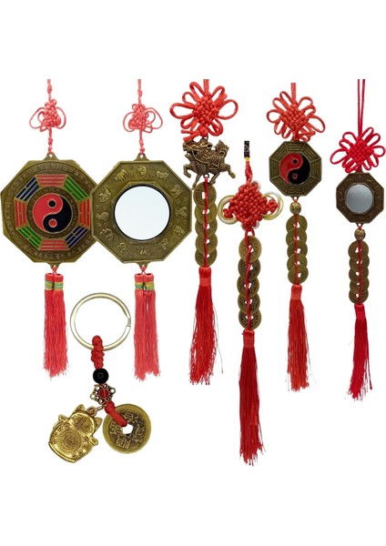 Feng Shui Şans ve Bereket Beşli Set Bagua Ayna Para Dragon ve Maneki Neko