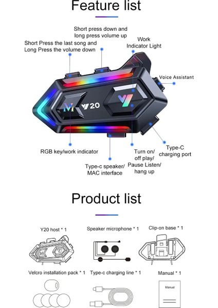 Y20 Motosiklet Intercom Bluetooth Kask Interkom Stereo Ses, Gürültü Azaltma, Rgb Renkli Işıklı