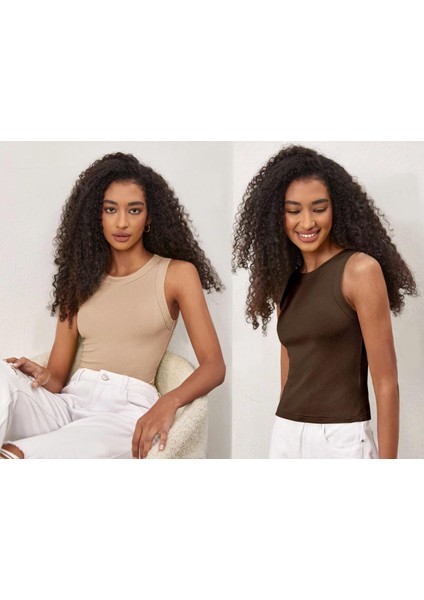 Kadın 2'li Paket Fitilli Halter Yaka Örme Atlet T-Shirt