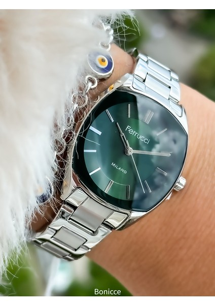 Çelik Kordon gümüş Renk,Yeşil Kadran Kadın Kol Saati+Bileklik Hediyeli modelleri