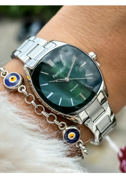 Çelik Kordon gümüş Renk,Yeşil Kadran Kadın Kol Saati+Bileklik Hediyeli fırsatları