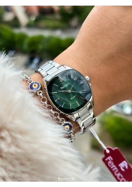 Çelik Kordon gümüş Renk,Yeşil Kadran Kadın Kol Saati+Bileklik Hediyeli