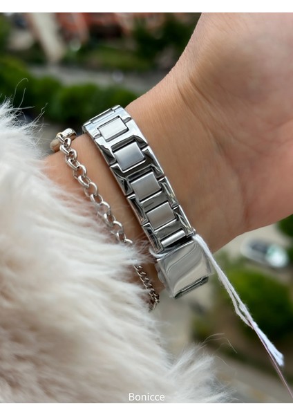 Çelik Kordon gümüş Renk,Yeşil Kadran Kadın Kol Saati+Bileklik Hediyeli