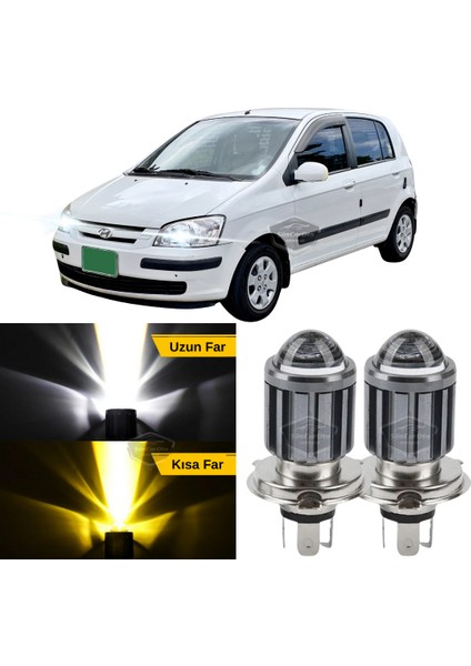 Hyundai Getz 2002–2011 Uyumlu Mercekli Far Ampulü LED Xenon Çift Renk Sarı-Beyaz Far Şimşek Etkili Csp LED Lamba Uzun Kısa 2 Adet Takım