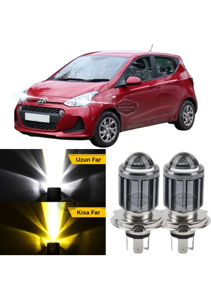 Hyundai I10 2007-2019 Uyumlu Mercekli Far Ampulü LED Xenon Çift Renk Sarı-Beyaz Far Şimşek Etkili Csp LED Lamba Uzun Kısa 2 Adet Takım