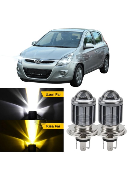 Hyundai I20 2008-2014 Uyumlu Mercekli Far Ampulü LED Xenon Çift Renk Sarı-Beyaz Far Şimşek Etkili Csp LED Lamba Uzun Kısa 2 Adet Takım