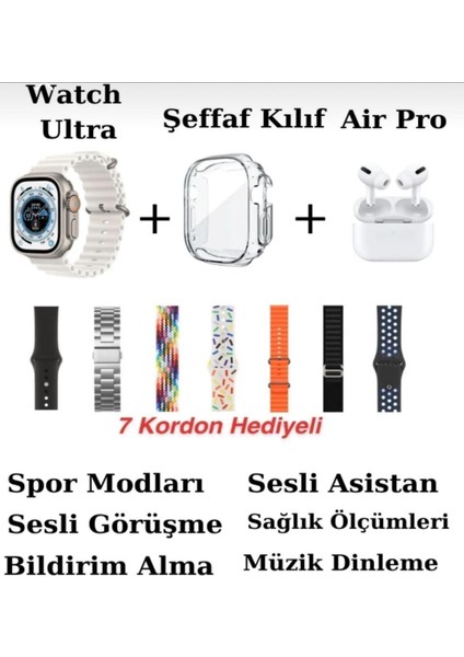 Tekiz Teknoloji Watch Ultra 2  49MM 7 Kordonlu Akıllı Saat Hx Watch Ultra Akıllı Saat Şeffaf Kılık ve Kulaklık Hediye