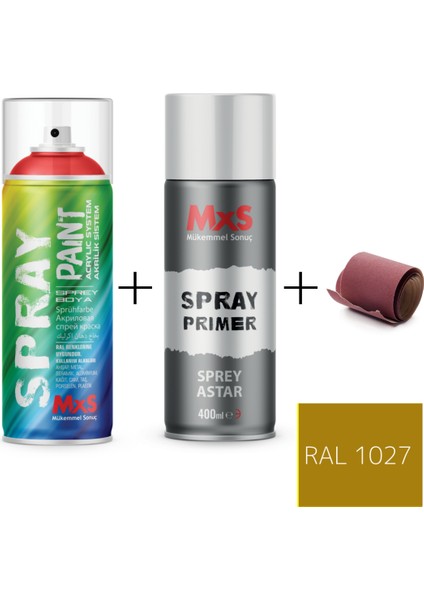 Sprey+Astar Premium Özel Yapım Akrilik Sprey Boya Seti 400 ml (Araba-Metal-Plastik-Ahşap) + Zımpara(Sarı Tonları)