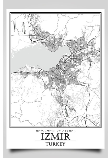 Izmir Şehir Haritası Çerçevesiz Poster-Harita Sanatı, Map Art Design