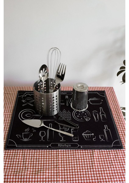 Tekno Trust 36 x 46 Baskılı Bulaşık Kurutma Matı 46X36 cm Kurulama Bezi Örtüsü MF-060 Siyah Siyah Silikon